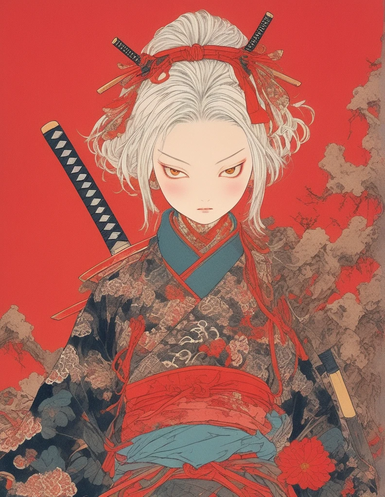 A vibrant and colorful illustration of an anime-style female samurai character with white hair, holding her sword in front of her face. She is wearing traditional Japanese adorned with floral patterns, a backdrop filled with colorful patterns representing ancient symbols and floral motifs. The background is richly detailed with geometric shapes that add depth to their figure's presence., creating a whimsical atmosphere. The background features bold colors and intricate designs that add to the overall visual appeal. This artwork showcases vivid hues, intricate details on both attire and armor, capturing movement as she walks forward in the style of intricate details on both attire and armor, capturing movement as she walks forward, in the style of takato yamamoto ,