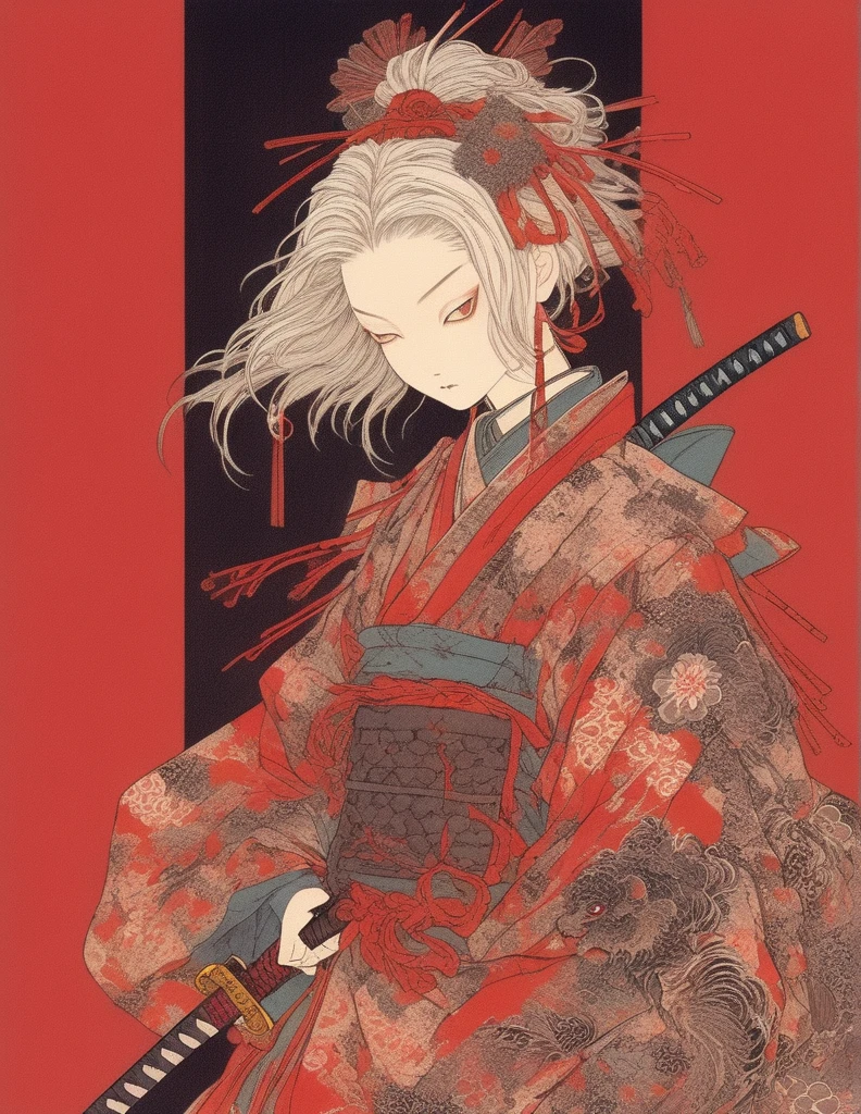A vibrant and colorful illustration of an anime-style female samurai character with white hair, holding her sword in front of her face. She is wearing traditional Japanese adorned with floral patterns, a backdrop filled with colorful patterns representing ancient symbols and floral motifs. The background is richly detailed with geometric shapes that add depth to their figure's presence., creating a whimsical atmosphere. The background features bold colors and intricate designs that add to the overall visual appeal. This artwork showcases vivid hues, intricate details on both attire and armor, capturing movement as she walks forward in the style of intricate details on both attire and armor, capturing movement as she walks forward, in the style of takato yamamoto ,