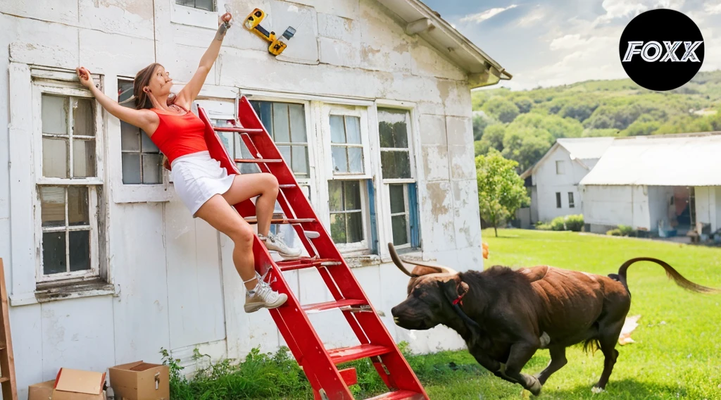 White woman, about 30 years old, wearing a blue tank top and white short skirt, falling down a red ladder, holding a screwdriver in her hand, her face frightened.