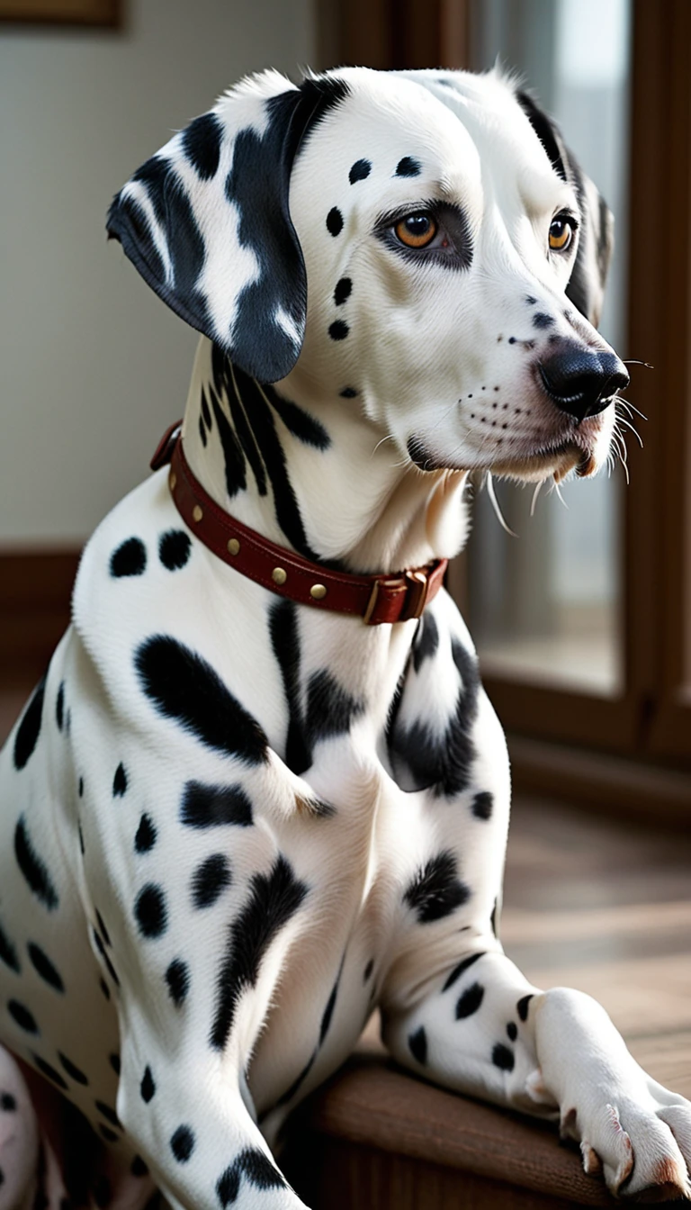 There is no one, realistic photo, photo realism, realism, dalmatian (Dalmatian), perfect composition, intricate details, Very sharp, masterpiece, profile, high resolution, looking at the viewer, Full body photo in a comfortable atmosphere indoors