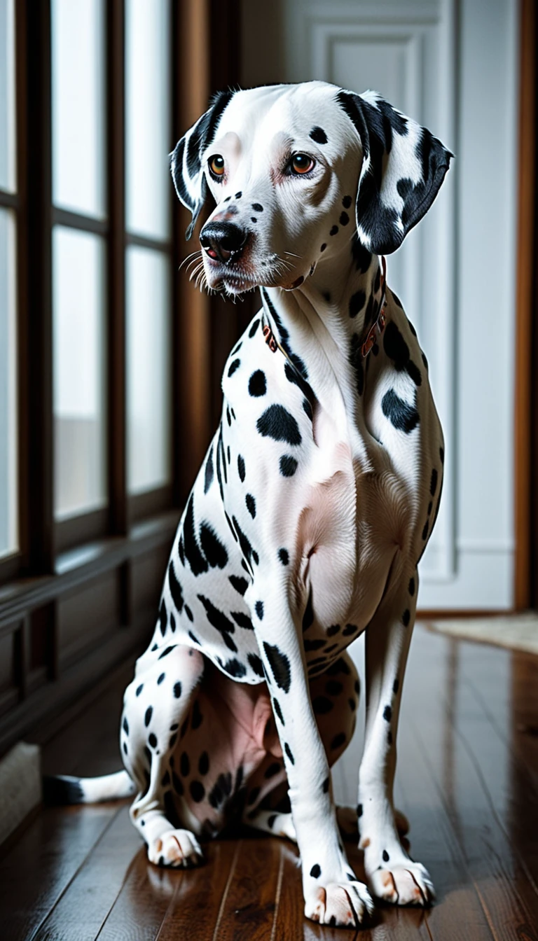 There is no one, realistic photo, photo realism, realism, dalmatian (Dalmatian), perfect composition, intricate details, Very sharp, masterpiece, profile, high resolution, looking at the viewer, Full body photo in a comfortable atmosphere indoors