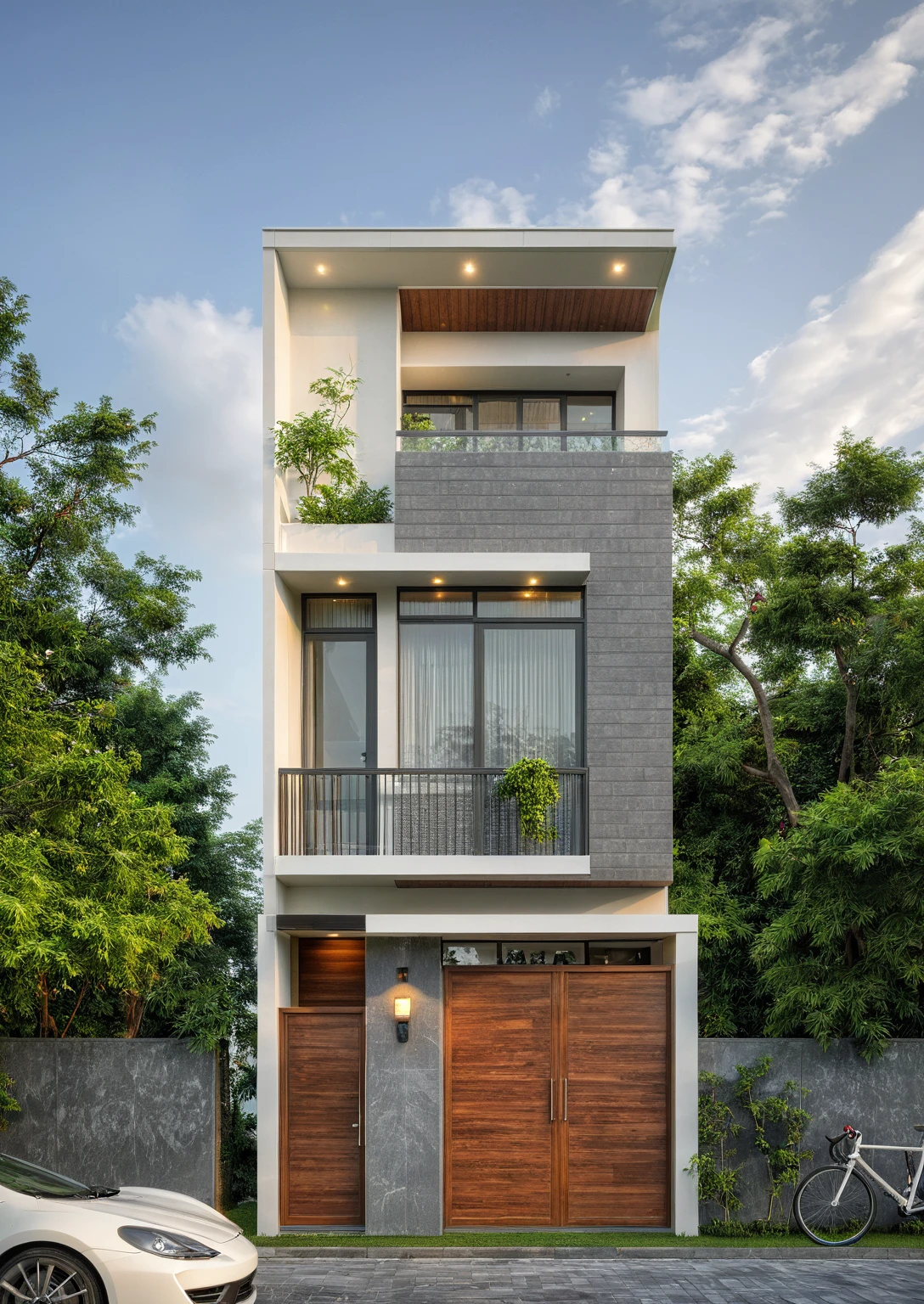 modern villa on street, (overcast lighting:1.2), tropical tree, vivid color, streetcapes, nice sky, grey and wwhite tone, (large glass door:1.2), warm interior lighting, modern material, best quality, ultra realistic, masterpiece, 17ArchiAI_XL_VL-v1