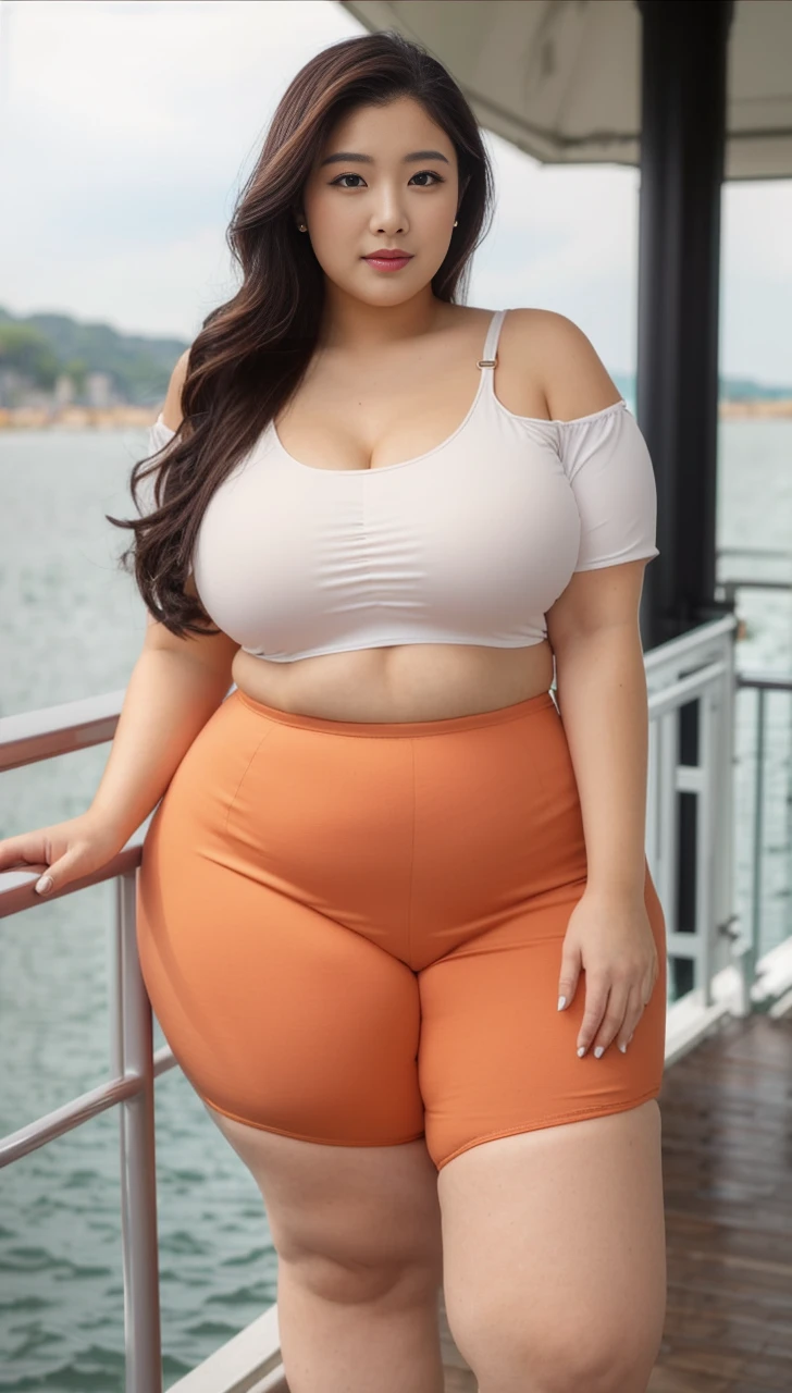 ((best quality)), ((masterpiece)), (detailed), perfect face, araffeTight skirtsShort , thicc, wavy short hair, she has a jiggly fat round belly, bbwchan, wearing tight simple clothes, skinny waist and thick hips, widest hips, her belly is fat and round, soft curvy shape, hyperrealistic full figure, wearing a cute top, wide hips, Blue swimsuit,On the beach by the seaBlue