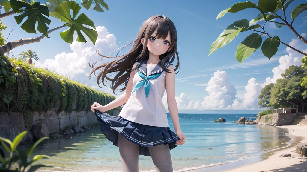 (masterpiece), town, blue sky, One Girl, Place the person on the right, smile, alone, Sailor suit、Long skirt, Overgrown, petal, plant、Skirt lining、White slip、nostalgic、Translucent grey pantyhose、I can see the ocean in the distance, Crotch close-up