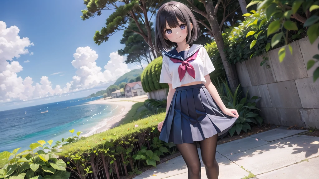 (masterpiece),  town,  blue sky,  One Girl, Place the person on the right,  smile,  alone,  Sailor suit、Long skirt,  Overgrown,  petal,  plant、Skirt lining、White slip、nostalgic、Translucent grey pantyhose、I can see the ocean in the distance, Crotch close-up