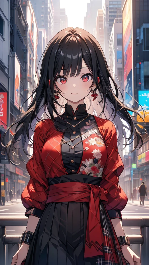 (masterpiece, highest quality, highest quality, (No text), Beautiful and aesthetic:1.2),No text,アニメ、 high resolution BREAK,One Girl,Short black hair Tree Eyes Beautiful eyes Red eyes Cool girl cool smile Red and black costume mini skirt Whole body Detailed eyes and face Night in the city