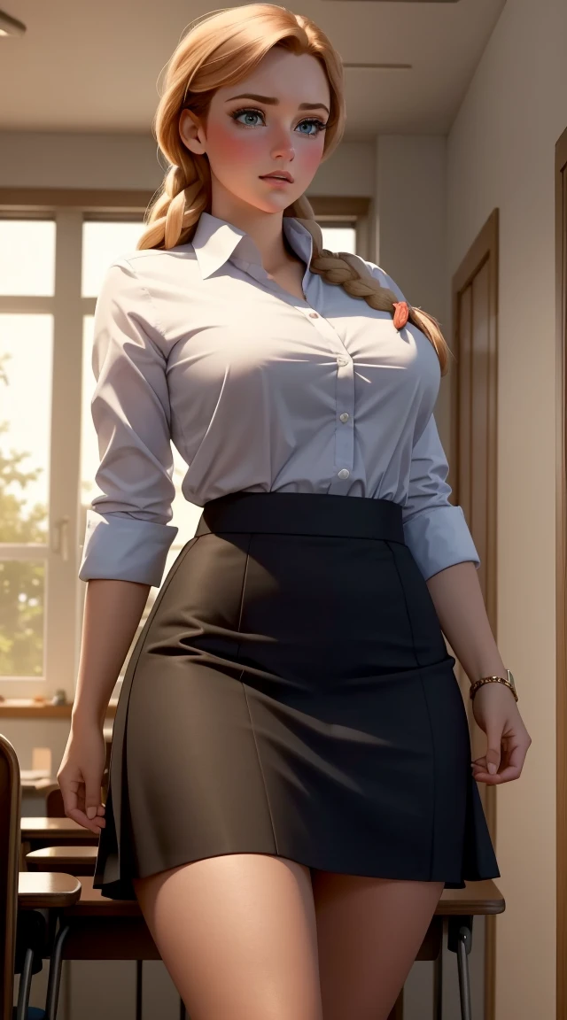 woman, ((Masterpiece, best quality)), full body view, bursting huge breasts, detailed skin, Anna from Frozen as a teacher, in class room, high heels, stockings,   Elegant teacher outfit, over the knee skirt, highly detailed, cinematic lighting, ultra realistic, blush, looking at viewer, anna, anna from movie