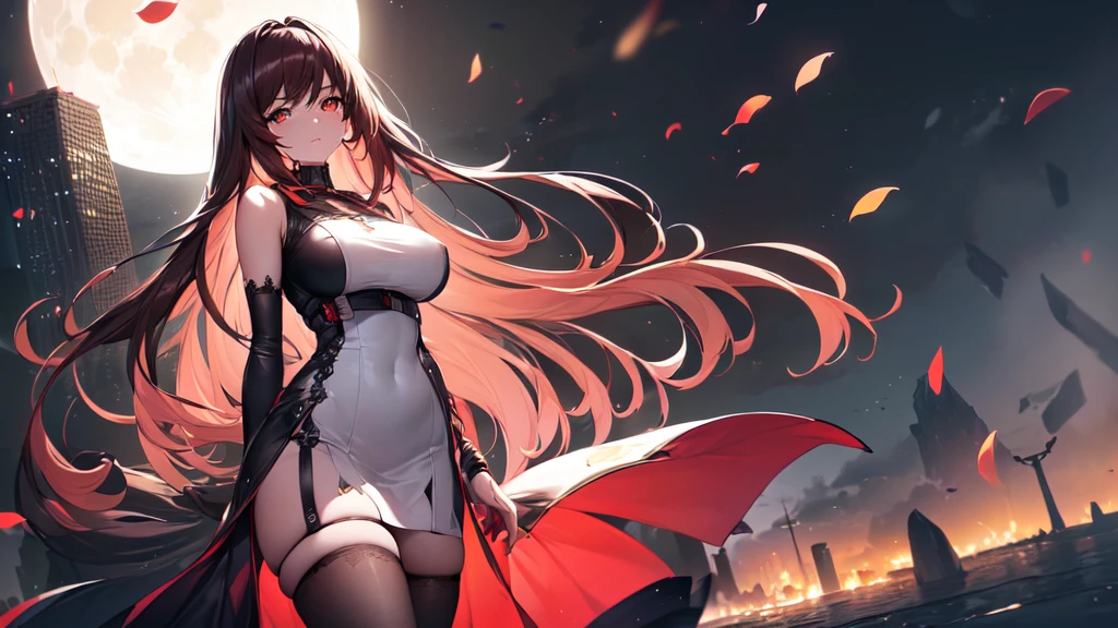 ((((Obra maestra, La mejor calidad, ultrahigh resolution)))), 1girl, standing,), ((long pure brown hair, hair over eye)), long hair cut, shiny skin, ((red eyes)), glowing_eyes, neon eyes, (ultra detailed eyes:0.7, beautiful and detailed face, detailed eyes:0.9), ((centered)), smirk, facing viewer, ((vibrant background, dark lighting, summer, sunlight)), large chested, looking at viewer, ((half closed eyes)), ((perfect hands)), (((head:1, arms, hips in view, elbows, in view))), ((hands behind back)), empty eyes, beautiful lighting, ((outside, outdoors)), defined subject, head tilt, (((gritty)), ((creepy)), ((cool)), ((beautiful)), (((SFW))), hair ornament, petals in the air, moon in the sky, city, mature woman, adult woman, sfw, pink and white dress, night dress, she is a princess