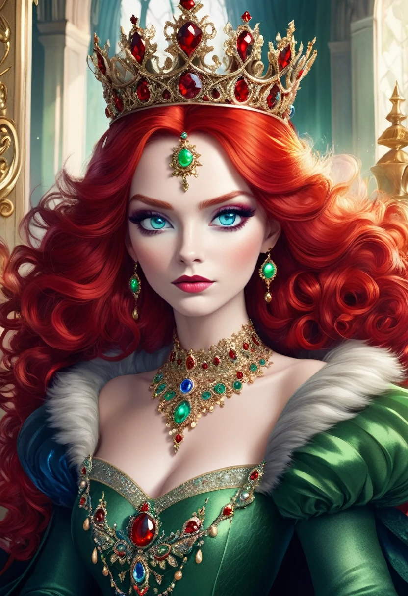 (((Red Queen)))，High Fluffy Red Hair，Green eyes，Blue eye shadow，Gorgeous crown，Gorgeous jewelry，Queen&#39;s throne