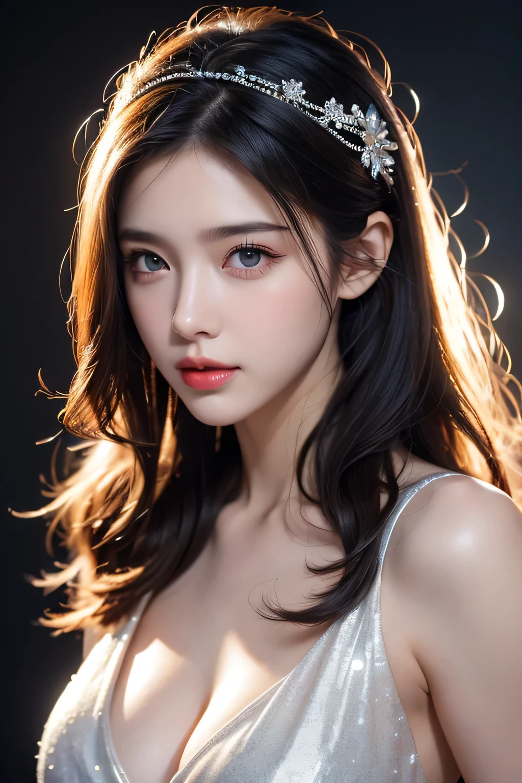 High-quality work,Realistic works,Super premium graphics,8K HD CG works,high quality graphics,High-definition and exquisite CG works,10x pixels,Ultra-fine details:1.1,Advanced technical details:1.1Realistic photo effects,Interior lighting effects:1.5,natural soft light:1.5. Light effect(Virtual light effects:1.8),ultra high resolution,shining dress,sliver long hair,silber hair,transparenthair,high detailed hair(Quality hair details:1.1)Clear eyes,Double eyelids look good,Sharp eye makeup, Create exquisite eyelash makeup, tthin eyebrows, Ultra-detailed eyes,a tall nose, lovely red lips, rosey cheeks, With delicate makeup on her face , pretty face, The face shape is perfectly proportioned,(Advanced facial details:1.1)((best quality)), (masterpiece), lifelike, photorealism, A girl kneels and takes aim with an assault rifle, mini skirt, (thigh), lifelike, High resolution,snow background, looking into camera, (Detailed face), long black hair, Vest, gun, jewelry,black gloves, Fingers are covered
,Women's artwork,Dress full body video,Realism,Amazing Cleavage,My eyes are very bright today