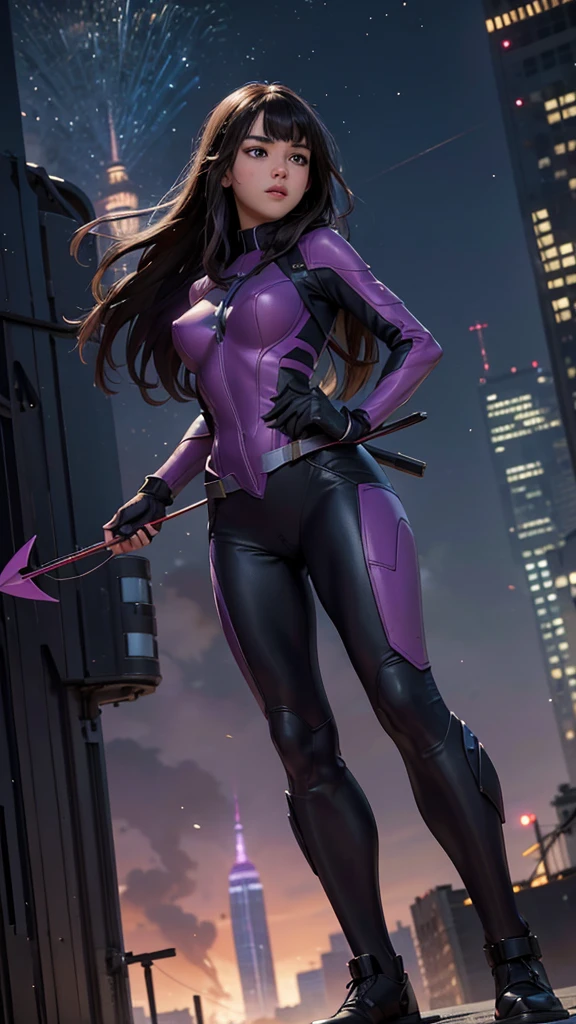 Kate Bishop, a young woman with hailee steinfeld's face, wearing a classic sexy superhero suit, holding a bow and arrows, fighting in a battle against an alien invasion in new york city with tall buildings and the avengers tower in the background, explosions and destruction all around, highly realistic, 4k, maximum detail, photorealistic