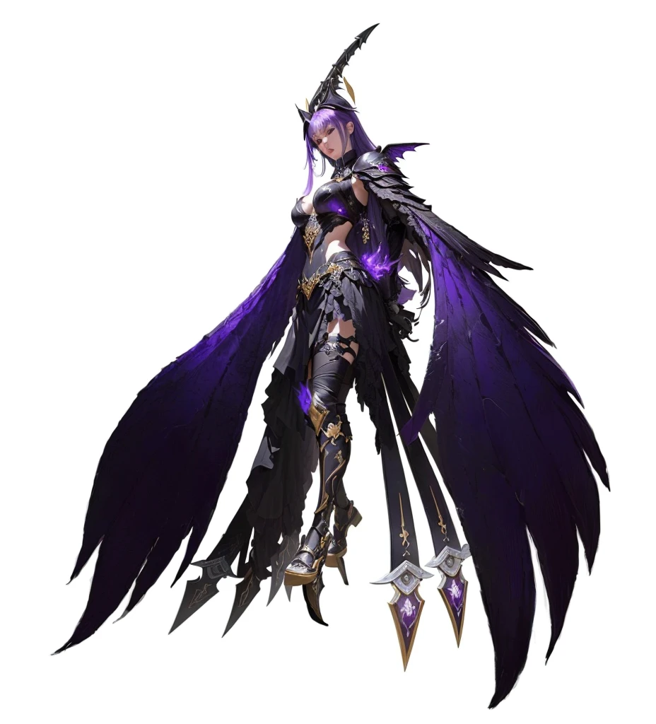 Purple Hair、Aravud image of a female warrior holding a sword, 黑暗Witch full view, 黑暗Witch fullbody pose, Full body fairy, Morrigan, Morgana in League of Legends, Female vampire with crow wings, 黑暗Witch角色, 黑暗Witch, I'm going, The female villain has black angel wings, Witch