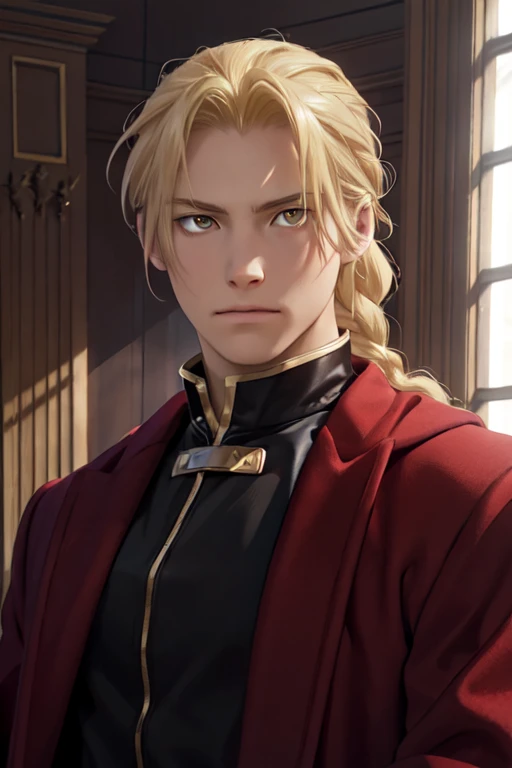 masterpiece, best quality, wallpaper, 1boy, solo, male focus, looking at viewer, realistic, [[edward_elric|blonde ikemen]:edward_elric:16]blonde hair, yellow eyes, braid, single braid, braided ponytail, single mechanical arm, 32k resolution, (upper body:1.5), black clothes, red coat