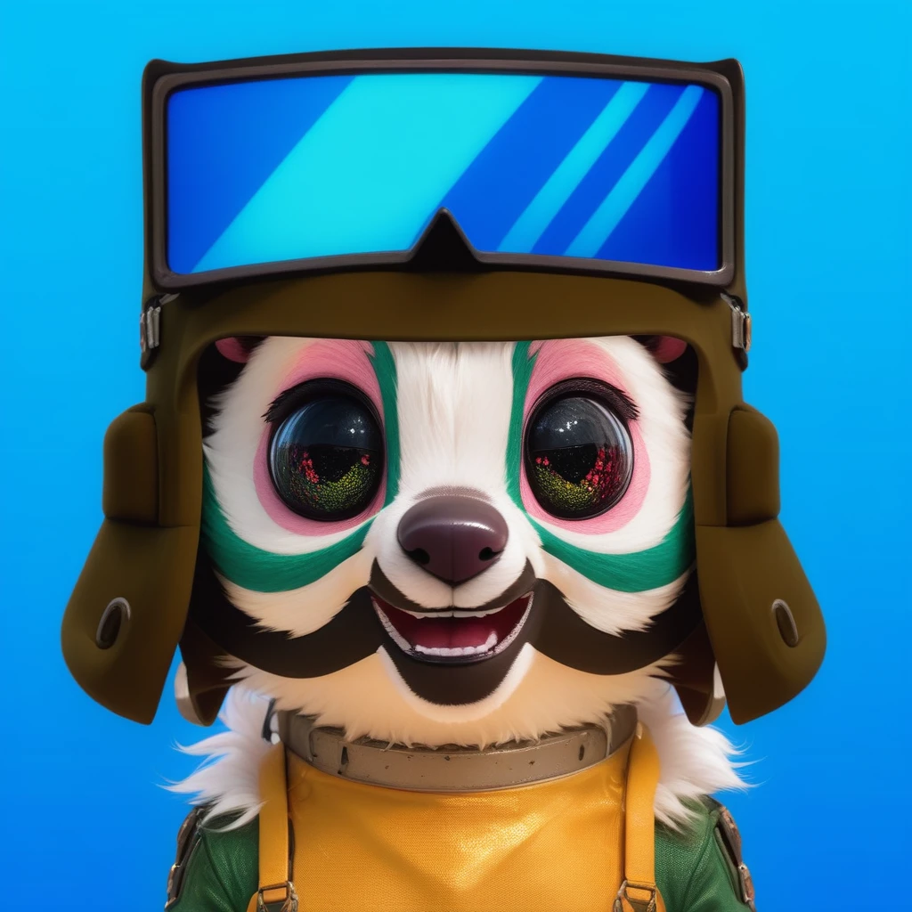 A charming cartoon bird character with large, sparkling eyes looking directly at us. The bird has a green and white face with a prominent big black beak. It wears a brown aviator's helmet with detailed straps and buckles, and large, square, reflective goggles, but these are positioned on top of the bird's head rather than being worn properly. The background is a simple, solid white, highlighting the character and adding to the adventurous feel of the image. The art style is vibrant and expressive, capturing a sense of excitement and playfulness hideous evil insolent 3d skunk, skunk smiling, it has dark mouth and dark eyes, 3d realistic cat toy, pink hair, skunk girl, multiple light sources, rim light, sharp post effects render, perfect cgi, smooth silhouette, high intensity refraction, most beautiful vfx, realistic, 4k, high resolution, rim light, smooth 3d model