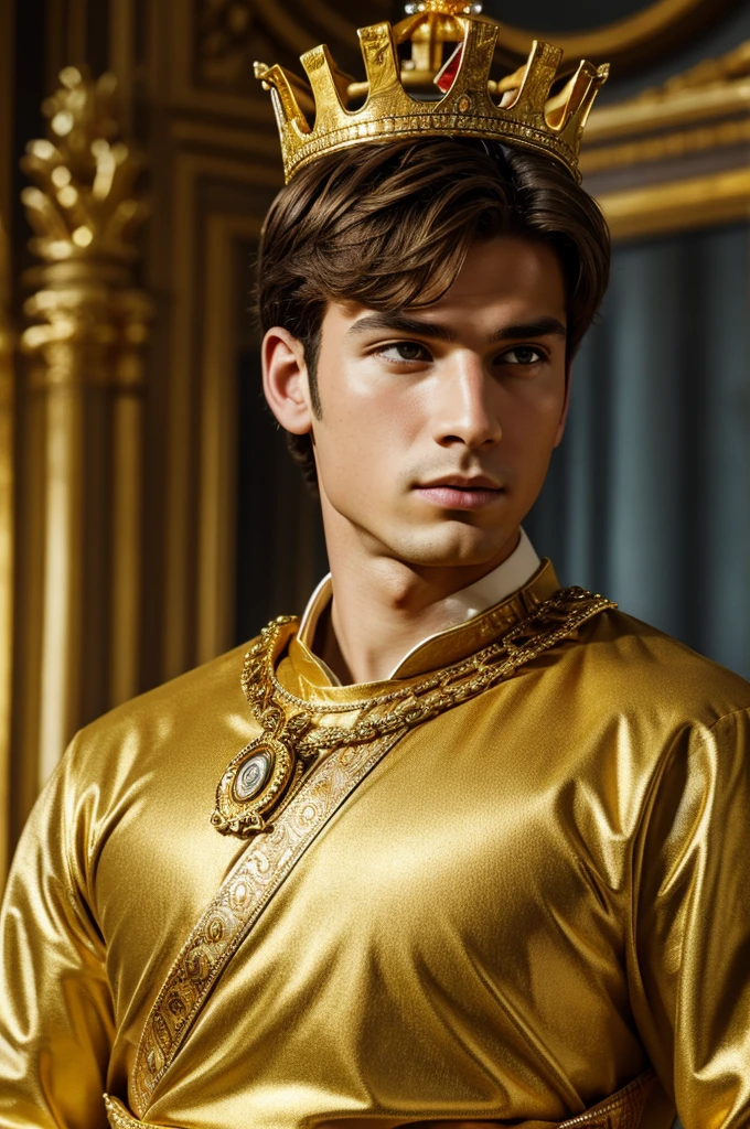 Quarter body photorealistic ultra realism high definition aesthetic stabilized diffusion picture of handsome hunky fractal clean shaven Drew Van Acker Prince of hexagon, in gold diamond transparent sparkling shiny crystal glass chrome filigree outfit,,look at camera, detailed facial parts,, studio as background, Freestyle Pose, Happy Expression, perfect anatomy, symmetric body,, 18 years old, high detail, a lean athletic body, realistic, human skin, extremely detailed fingers, chad chin,, masculine, human skin, (eyes contact), gorgeous, Attractiveness, face front camera focus