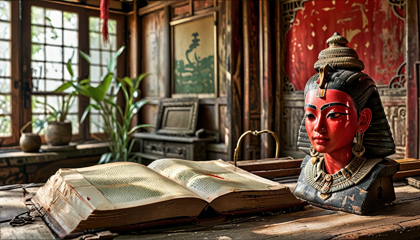 A lone Japanese book with a red cover on an old desk, a room in a dilapidated Japanese house, nobody there, close-up of the book. Centered, Scale Fit, Rule of Thirds, (Shiny Egyptian Ornaments), High Resolution, Sharp Focus, (Ultra Detailed, Highly Detailed), (Photorealistic Artwork:1.37), (Highly Detailed CG Unity 8k Wallpaper), (((Vibrant Colors, Vibrant Themes))), (Intricate), (Masterpiece), (Top Quality), Art Photography, (Photo by sldr), (Intricate Background), Perfectly Rendered Face, Perfect Facial Details, Realistic Face, Photorealistic, ((Intricate Details)), (((Realism))),