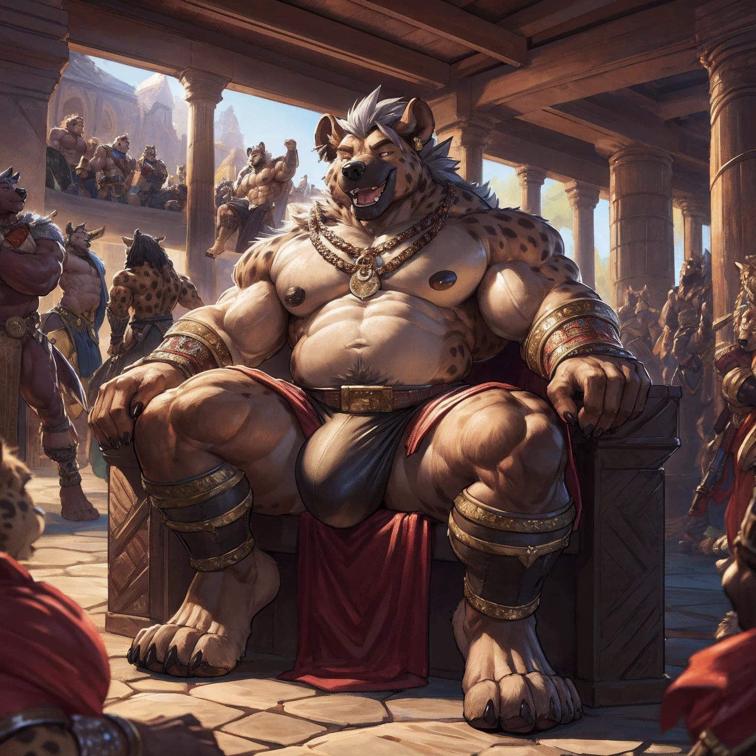 uploaded to e621.net, masterpiece, 8k, hyena, male, gray hair, king, soft figure, heavy, chubby, muscular, barbarian outfit, laughing, brown leather outfit, beige fur, spots, bare paws, wooden throne, seated, huge bulge, (penis outline:0.9), detailed crotch, bulgeJ8, primitive keep, stone room, treasures, (crowded:1.3), (figures in background:1.5), (muscular guards:1.2), longhouse, by darkgem, by bng, by duase, by gideon,