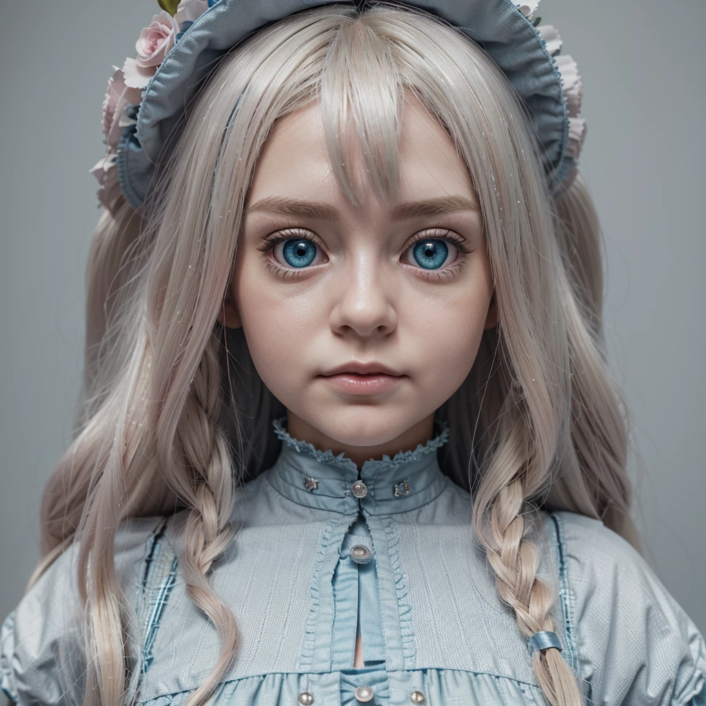 Blythe doll blue hair, fair skin, brown eyes, eyebrow piercings