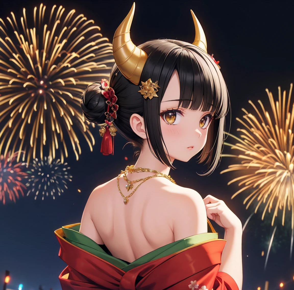 1 person、Green gorgeous kimono、,race,Black Hair、Short bun hair、hair ornaments、necklace、back、Golden devil horns、Anatomically correct,Fireworks in the night sky、