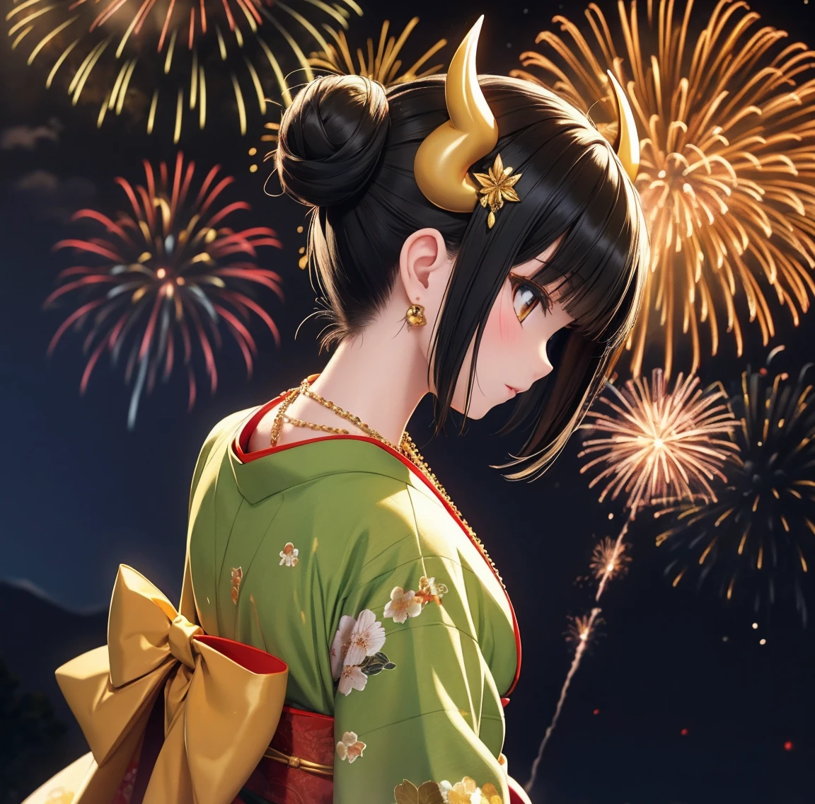 1 person、Green gorgeous kimono、,race,Black Hair、Short bun hair、hair ornaments、necklace、back、Golden devil horns、Anatomically correct,Fireworks in the night sky、