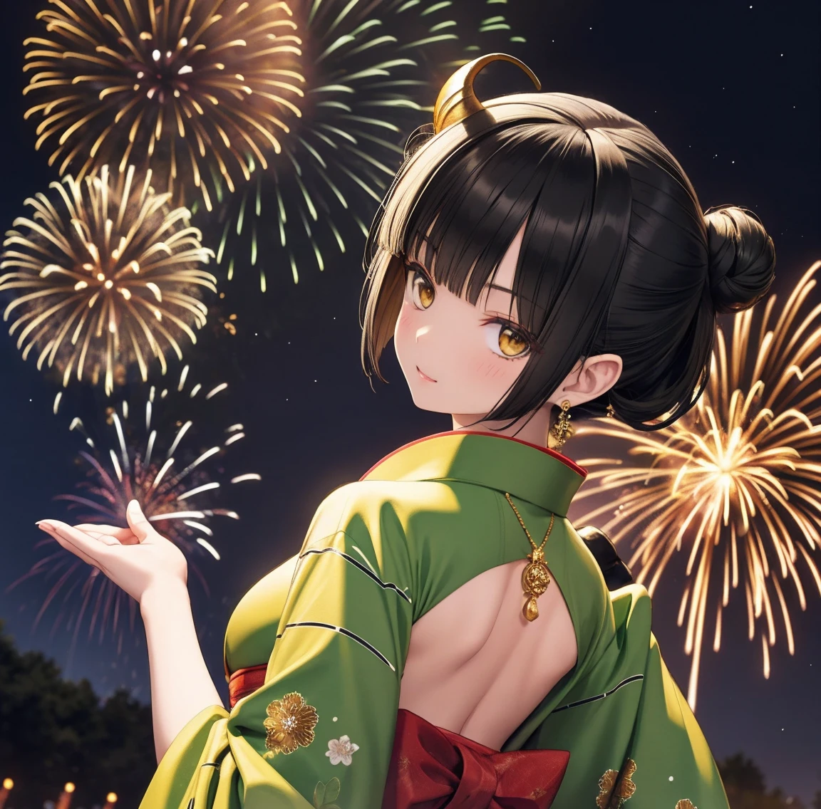1 person、Green gorgeous kimono、,race,Black Hair、Short bun hair、hair ornaments、necklace、back、Golden devil horns、Anatomically correct,Fireworks in the night sky、