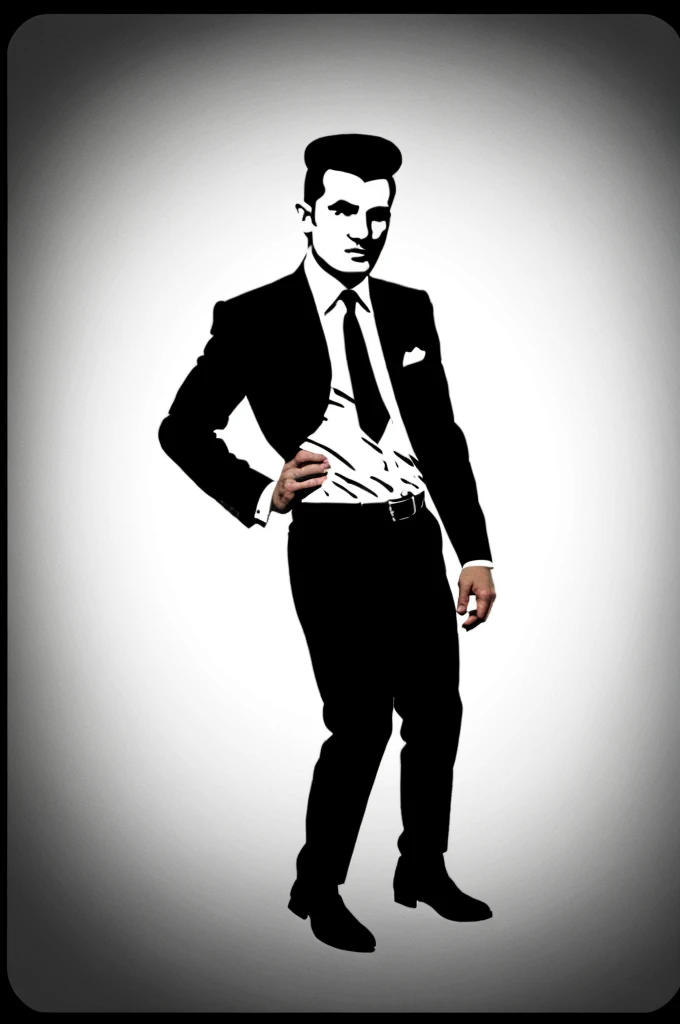 A psychobilly man in a minimalist stencil icon logo, awesome, professional, style MARVEL, with thick lines and a front view, suitable for STENCIL, WHITE BACKGROUND