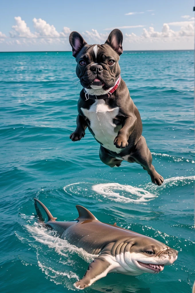 French bulldog with shark body in the sea