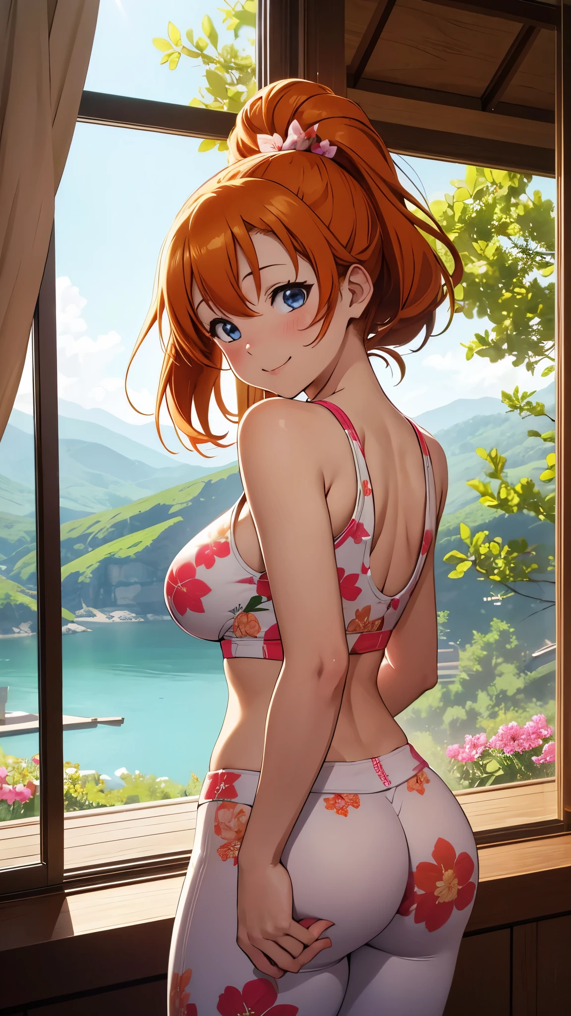 (Masterpiece, Best Quality, High quality), kousaka honoka, orange hair, low ponytail, blue eyes, illustration, beautiful, Blushing, breasts, looking back at viewer, flowers printed tank top, yoga pants, solo, curvy body, floral print, confident, seductive smile, (arms behind back, head tilt:1.1), heart pendant, perfect lighting, perfect shadows, flower, (breathtaking scenery:1.1), tree, blushing