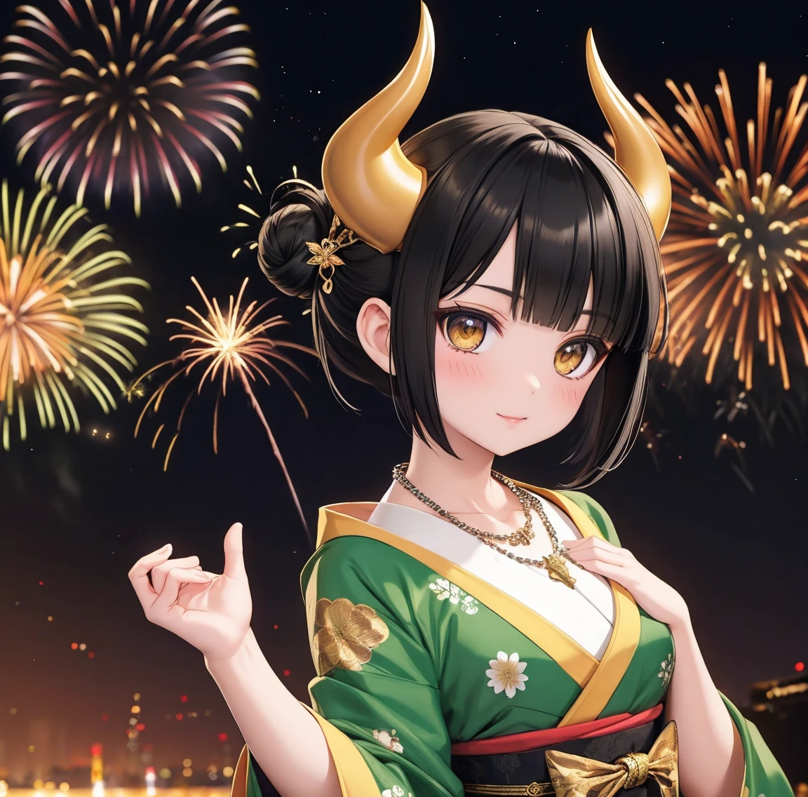 1 person、Green gorgeous kimono、,race,Black Hair、Short bun hair、hair ornaments、necklace、back、Golden devil horns、Anatomically correct,Fireworks in the night sky、