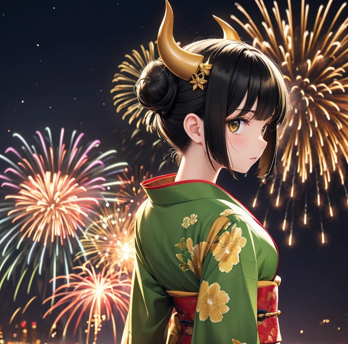 1 person、Green gorgeous kimono、,race,Black Hair、Short bun hair、hair ornaments、necklace、back、Golden devil horns、Anatomically correct,Fireworks in the night sky、