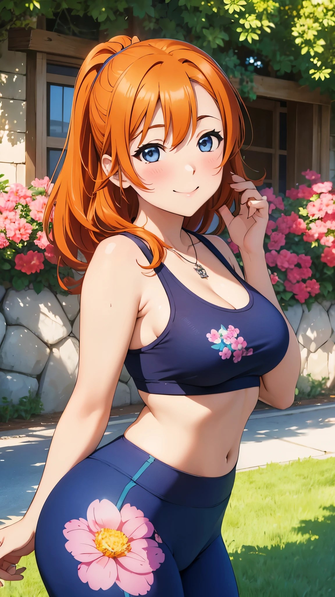 (Masterpiece, Best Quality, High quality), kousaka honoka, orange hair, low ponytail, blue eyes, illustration, beautiful, Blushing, breasts, looking back at viewer, flowers printed tank top, yoga pants, solo, curvy body, floral print, confident, seductive smile, (arms behind back, head tilt:1.1), heart pendant, perfect lighting, perfect shadows, flower, (breathtaking scenery:1.1), tree, blushing