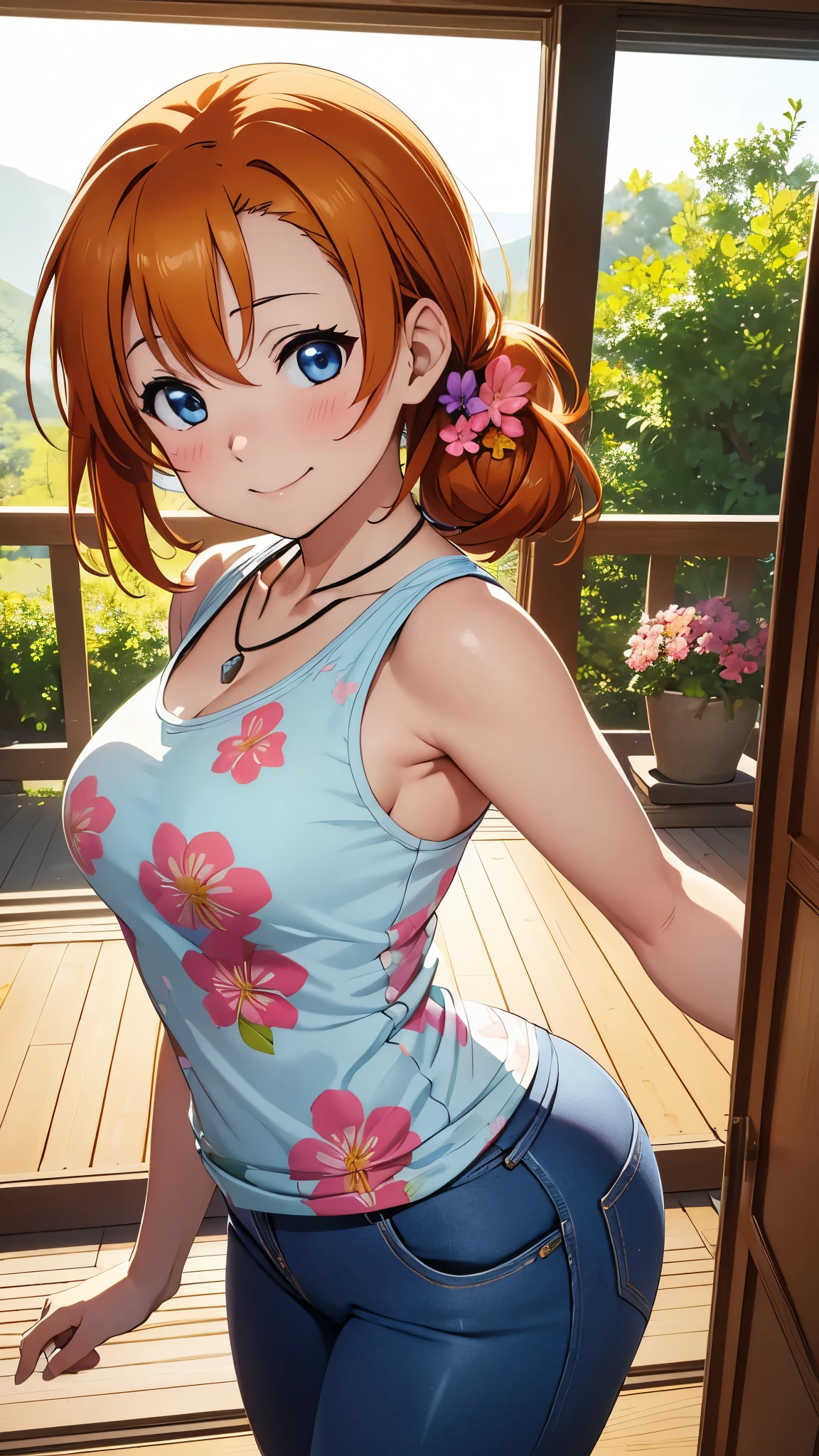 (Masterpiece, Best Quality, High quality), kousaka honoka, orange hair, low ponytail, blue eyes, illustration, beautiful, Blushing, breasts, looking back at viewer, flowers printed tank top, yoga pants, solo, curvy body, floral print, confident, seductive smile, (arms behind back, head tilt:1.1), heart pendant, perfect lighting, perfect shadows, flower, (breathtaking scenery:1.1), tree, blushing