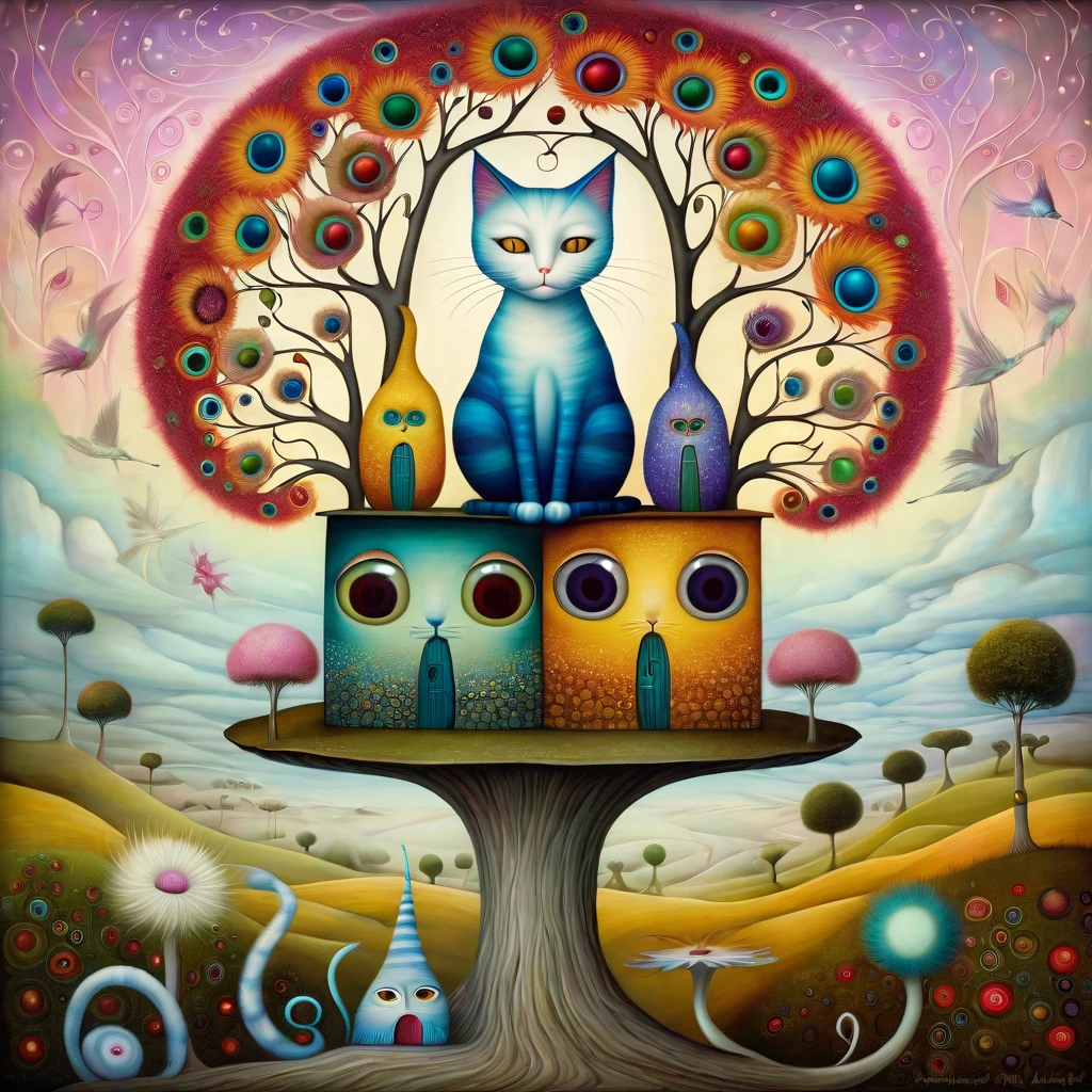 a beautiful patchwork cat tree, colorful and intricate details, a whimsical surreal landscape, bright vibrant colors, oil painting, highly detailed, masterpiece, 4k, photorealistic, cinematic lighting, fantasy, surreal, vibrant colors, intricate patterns, abstract, symbolism, dreamlike, dark fantasy, magical realism, feline, cat, Klimt, Nicoletta Ceccoli, Naoto Hattori, Lawrence Didier, Leonora Carrington