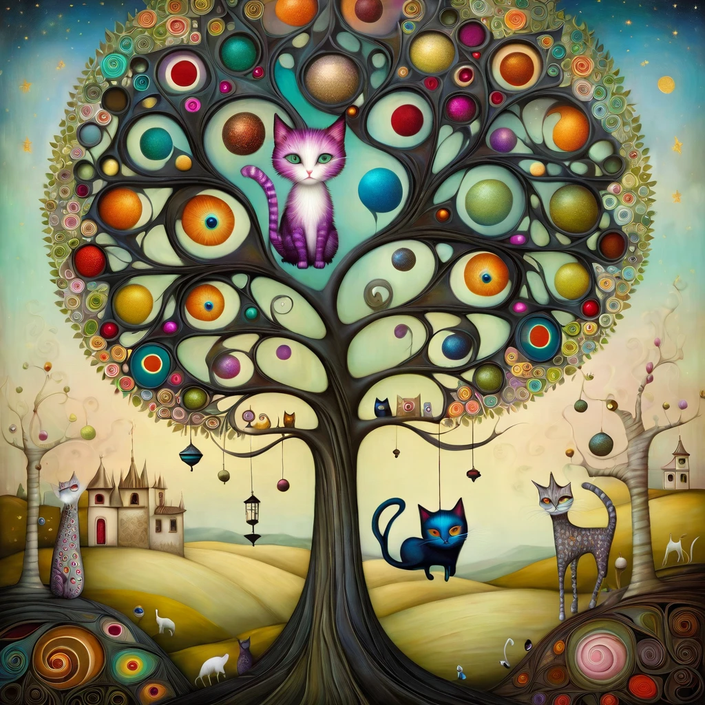 a beautiful patchwork cat tree, colorful and intricate details, a whimsical surreal landscape, bright vibrant colors, oil painting, highly detailed, masterpiece, 4k, photorealistic, cinematic lighting, fantasy, surreal, vibrant colors, intricate patterns, abstract, symbolism, dreamlike, dark fantasy, magical realism, feline, cat, Klimt, Nicoletta Ceccoli, Naoto Hattori, Lawrence Didier, Leonora Carrington