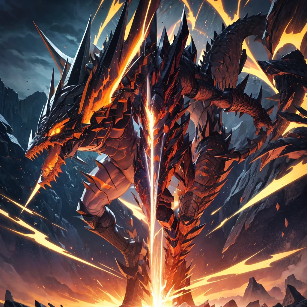 Original Kaiju armor form of a human, sharp, obsidian-like plates that overlap like armor, Elongated and somewhat reptilian head, with a pronounced crest of jagged obsidian spikes running from the forehead to the back of the neck. Four glowing, amber eyes are set deep in the skulls, arms with massive claws and blades, feet have three large, taloned toes, A long, whip-like tail ending in a mace-like cluster of obsidian spike, orange lines and aura in between armor. HD. city background destroyed