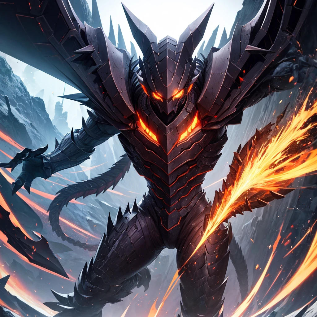 Original Kaiju armor form of a human, sharp, obsidian-like plates that overlap like armor, Elongated and somewhat reptilian head, with a pronounced crest of jagged obsidian spikes running from the forehead to the back of the neck. Four glowing, amber eyes are set deep in the skulls, arms with massive claws and blades, feet have three large, taloned toes, A long, whip-like tail ending in a mace-like cluster of obsidian spike, orange lines and aura in between armor. HD. city background destroyed