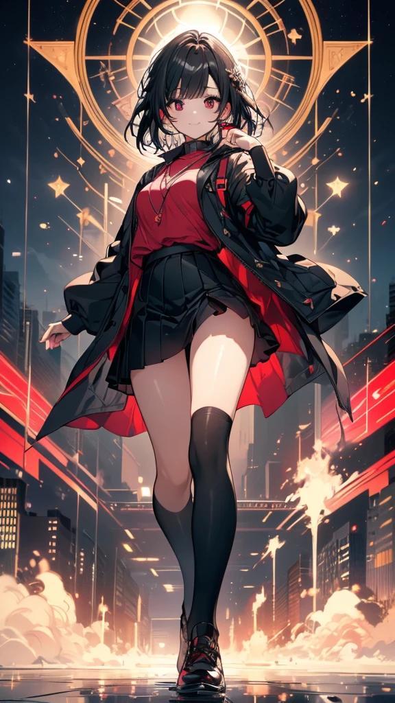 (masterpiece, highest quality, highest quality, (No text), Beautiful and aesthetic:1.2),No text,アニメ、 high resolution BREAK,One Girl,、、Short black hair Tree Eyes Beautiful eyes Red eyes Cool girl cool smile Red and black coat mini skirt Whole body Detailed eyes and face Night in the city