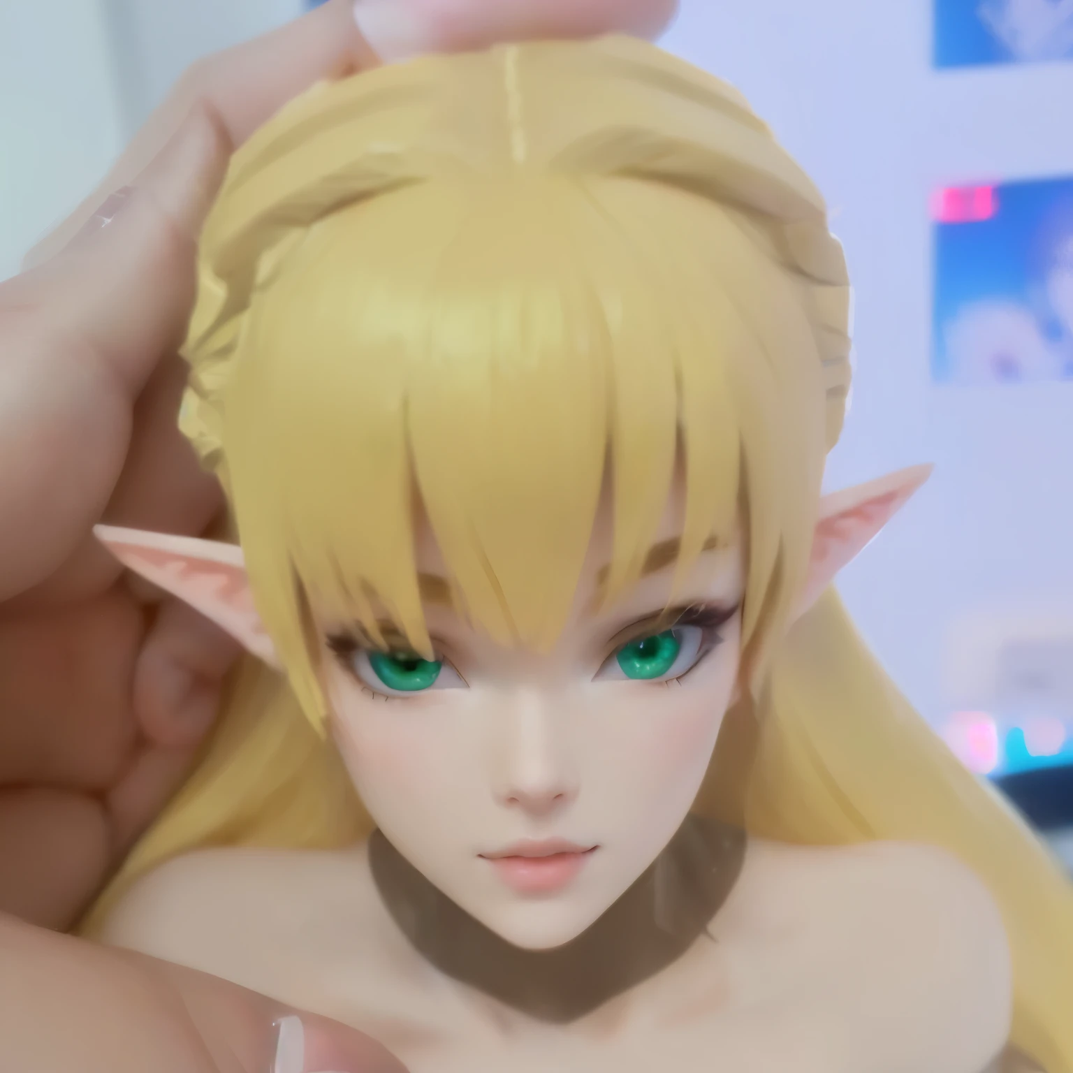 Someone is holding a toy of a blonde green-eyed girl, bust, close up Half-length photo, Detailed body and eyes, Extra detailed body, She has elf ears and golden eyes, cinematic close-up Half-length photo, Close-up of face, Rhodes, Half-length photo, cinematic Half-length photo, detailed picture, High detail lens, Delicate anime soft face