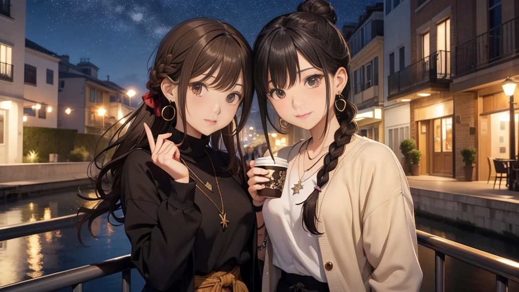 Night background with starry sky、looking out from the balcony。You can see an apartment building in the background。Hairstyle: Chignon or light brown hair。Characters on the jacket、Long sleeve tops、Earrings、bracelet、I wear a watch。I have a coffee cup。Express the subject of your character。Bun Hair。high quality、Ultra-high quality Makoto Shinkai style、Your Name is Style、long hair、Short Bob、necklace、Earrings、Dynamic pose、Selfie、whole body、Brown Hair、Braiding、Hair Bun、ponytail・Hair Bunスタイル、necklace、Valletta、ribbon、Earrings・アニキュア,