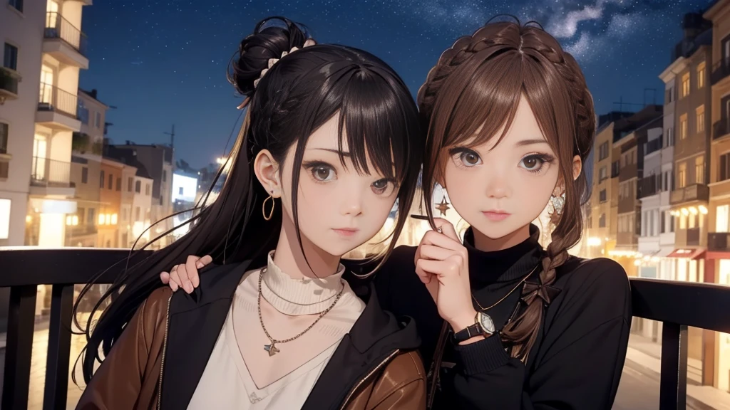 Night background with starry sky、looking out from the balcony。You can see an apartment building in the background。Hairstyle: Chignon or light brown hair。Characters on the jacket、Long sleeve tops、Earrings、bracelet、I wear a watch。I have a coffee cup。Express the subject of your character。Bun Hair。high quality、Ultra-high quality Makoto Shinkai style、Your Name is Style、long hair、Short Bob、necklace、Earrings、Dynamic pose、Selfie、whole body、Brown Hair、Braiding、Hair Bun、ponytail・Hair Bunスタイル、necklace、Valletta、ribbon、Earrings・アニキュア,