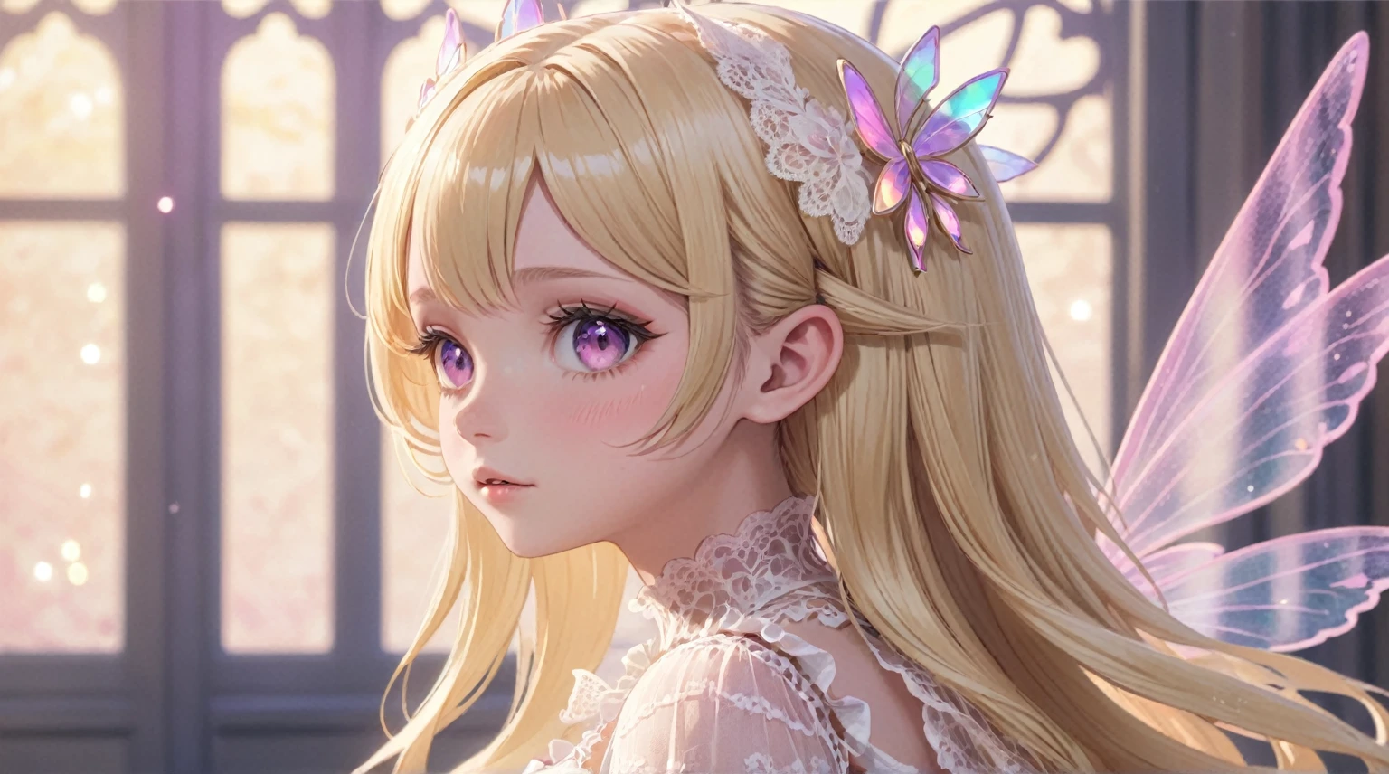 highres, best quality, girl, 1girl, fairy girl, iridescent fairy wings, blonde hair, blurry background, blush, partly up hair, depth of field, hair between eyes, long hair, looking at viewer, parted lips, profile, lace lolita dress, solo, upper body, pink tones