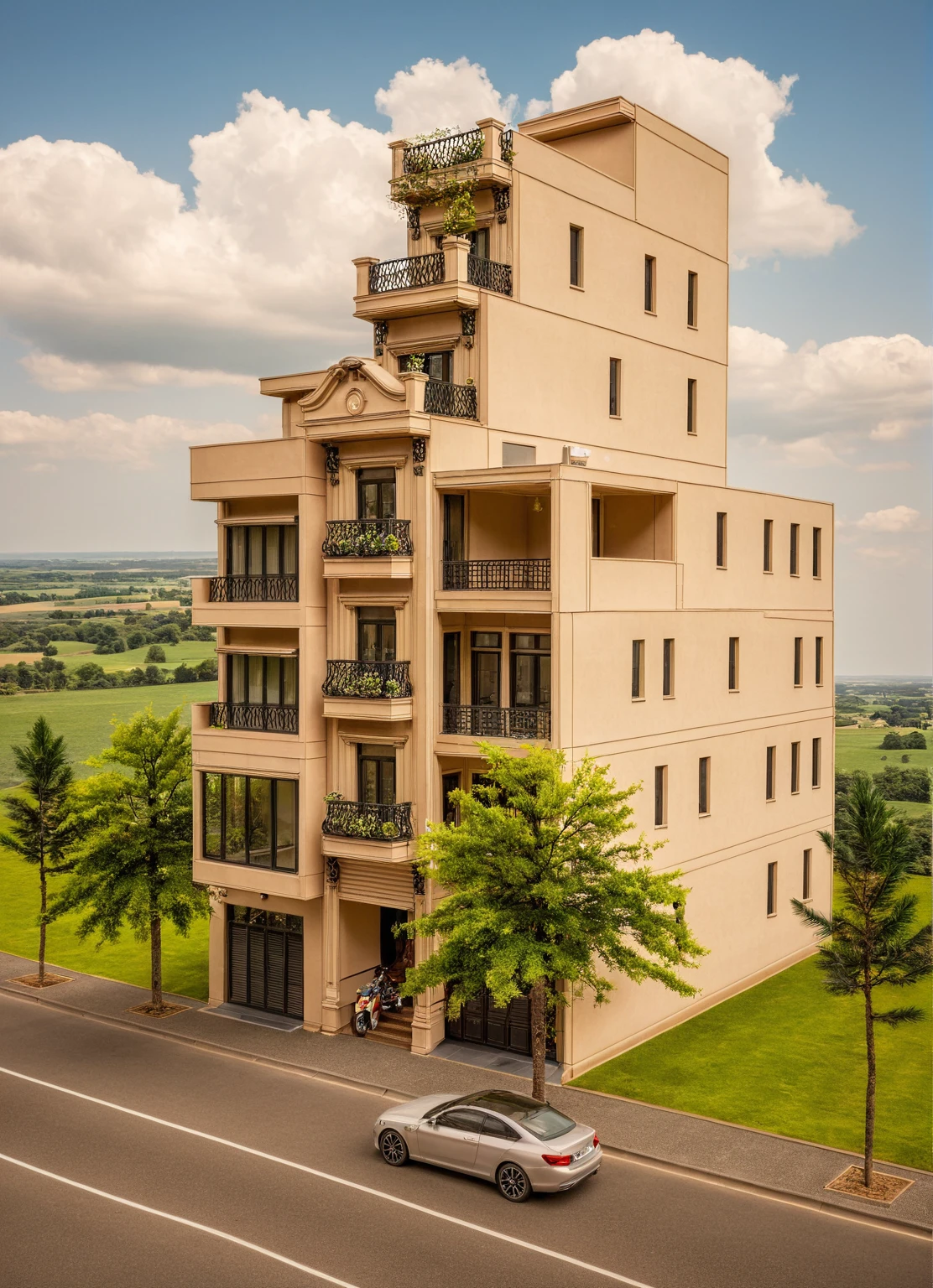 Raw photo,Masterpiece, high quality, best quality, authentic, super detail,
exterior, outdoors, house style neoclassic on the street ,aiaigroup, car, human, man, girl, motobike
road,pavement, grass, trees, sky, cloud, (day:1.1)