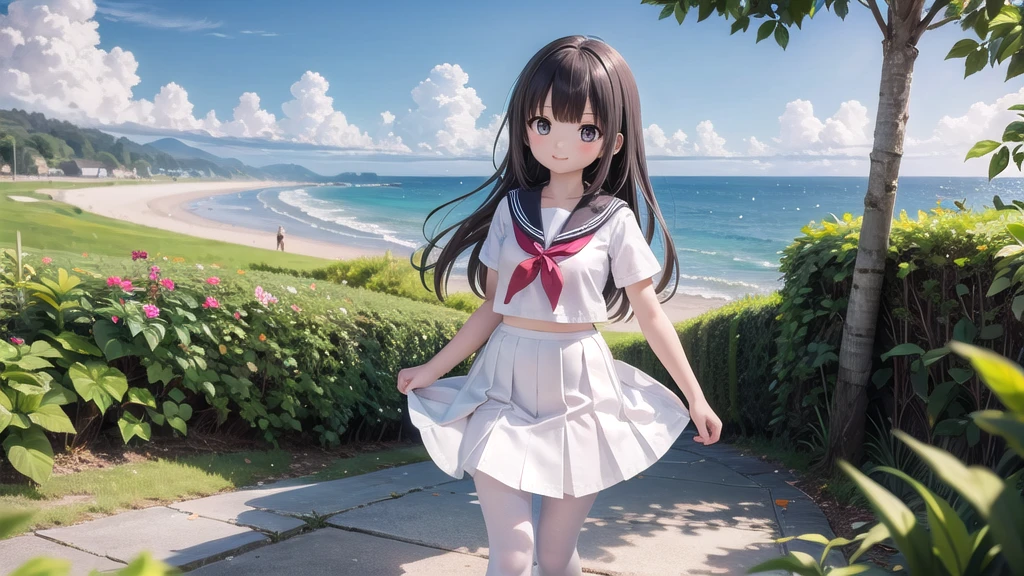 (masterpiece),  town,  blue sky,  One Girl, Place the person on the right,  smile,  alone,  Sailor suit、Long skirt,  Overgrown,  petal,  plant、Skirt lining、White slip、nostalgic、Grey pantyhose、I can see the ocean in the distance, Crotch close-up