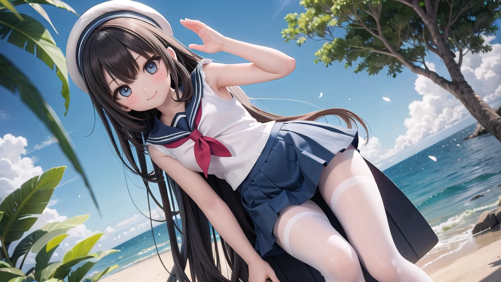 (masterpiece), town, blue sky, One Girl, Place the person on the right, smile, alone, Sailor suit、Long skirt, Overgrown, petal, plant、Skirt lining、White slip、nostalgic、Translucent grey pantyhose、I can see the ocean in the distance, Crotch close-up