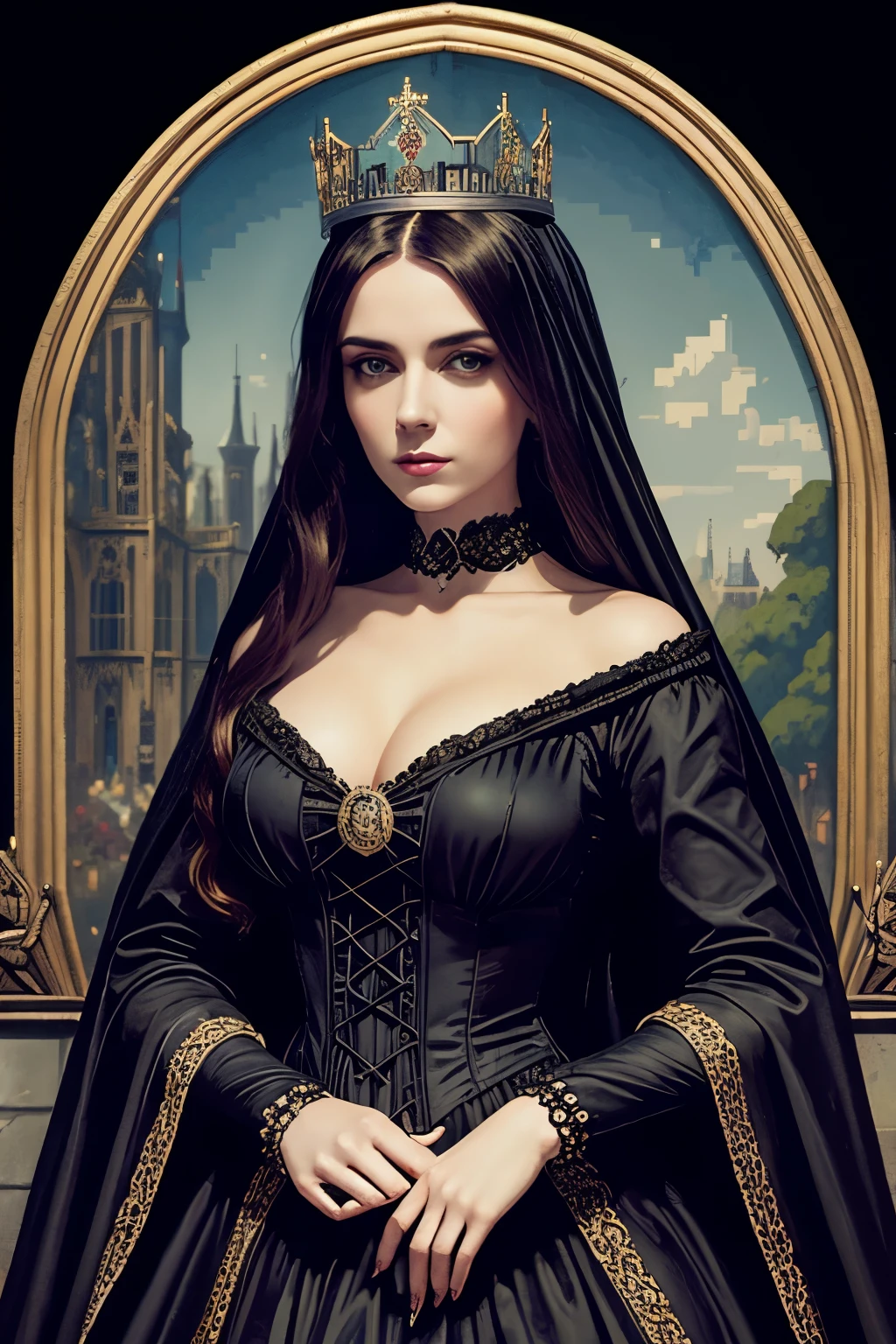 (pixelart: 1.2), beautiful gothic queen,  crown, Queen's Majesty,  sexy goth girl, hole body, Pre-Raphaelite style, Victorian, 