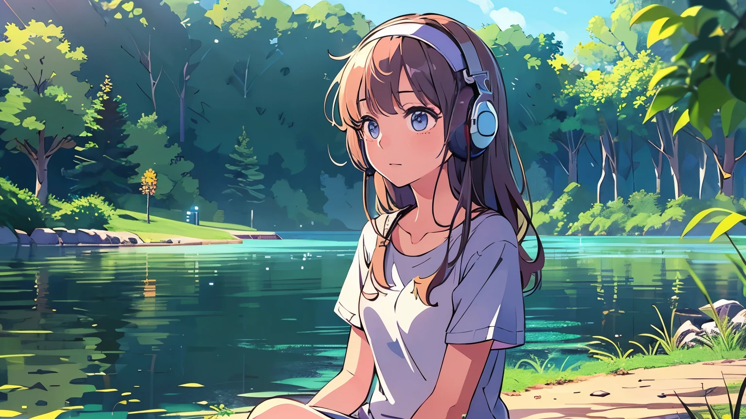 a beautiful anime girl wearing a t-shirt, headband headphones, in a tranquil, lofi, quiet atmosphere, chilling and looking at a lake on a sunny, quiet morning, masterpiece, best quality, 4k, high resolution, photo-realistic, highly detailed, vivid colors, studio lighting, physically-based rendering, professional