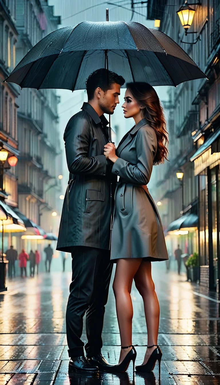 a couple gazing into each other's eyes under a grey-black umbrella on a rainy evening, beautiful  detailed eyes and face, intimate romantic full body shot, moody atmospheric lighting, cinematic, dramatic, vibrant colors, high contrast, 8k, best quality, masterpiece