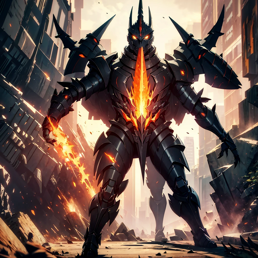 Original Kaiju armor form of a human, sharp, obsidian-like plates that overlap like armor, Elongated and somewhat reptilian head, with a pronounced crest of jagged obsidian spikes running from the forehead to the back of the neck. Four glowing, amber eyes are set deep in the skulls, arms with massive claws and blades, feet have three large, taloned toes, A long, whip-like tail ending in a mace-like cluster of obsidian spike, orange lines and aura in between armor. HD. city background destroyed