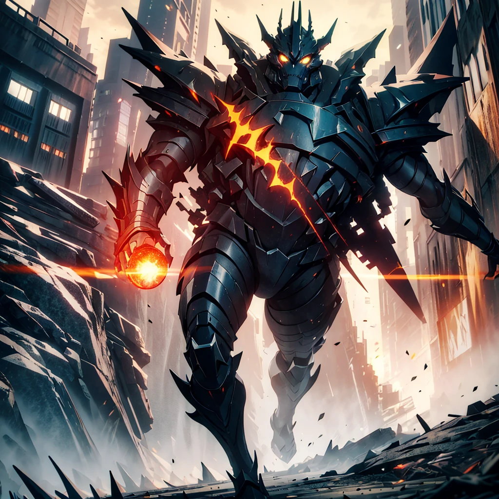 Original Kaiju armor form of a human, sharp, obsidian-like plates that overlap like armor, Elongated and somewhat reptilian head, with a pronounced crest of jagged obsidian spikes running from the forehead to the back of the neck. Four glowing, amber eyes are set deep in the skulls, arms with massive claws and blades, feet have three large, taloned toes, A long, whip-like tail ending in a mace-like cluster of obsidian spike, orange lines and aura in between armor. HD. city background destroyed