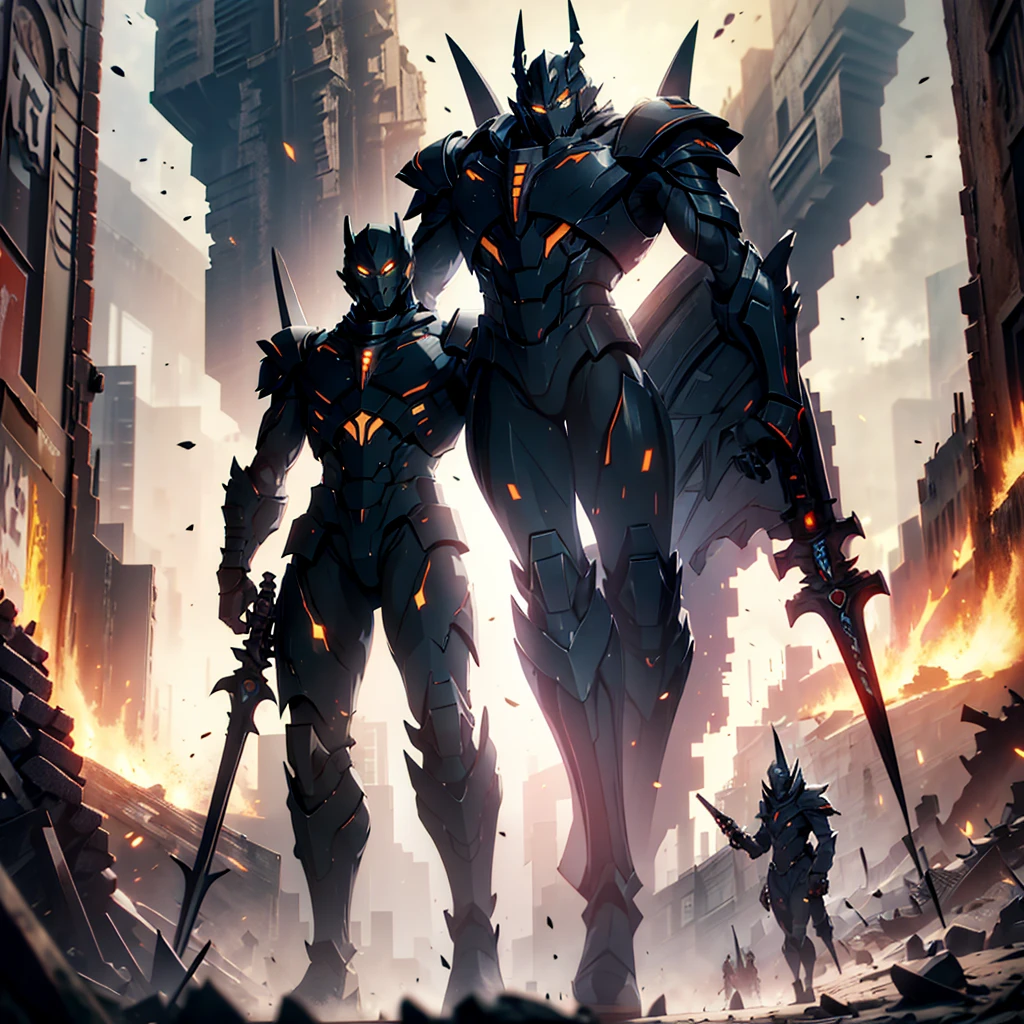 Original Kaiju armor form of a human, sharp, obsidian-like plates that overlap like armor, Elongated and somewhat reptilian head, with a pronounced crest of jagged obsidian spikes running from the forehead to the back of the neck. Four glowing, amber eyes are set deep in the skulls, arms with massive claws and blades, feet have three large, taloned toes, A long, whip-like tail ending in a mace-like cluster of obsidian spike, orange lines and aura in between armor. HD. city background destroyed
